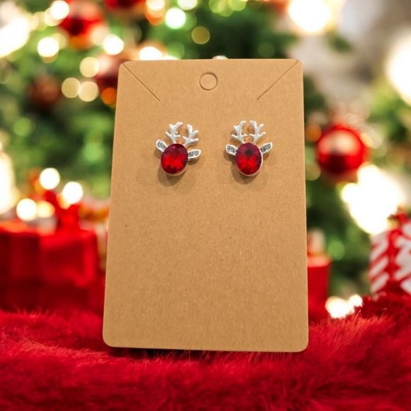 Red Rhinestone Silver Plated Reindeer Festive Christmas Stud Earrings - Picture 1 of 1
